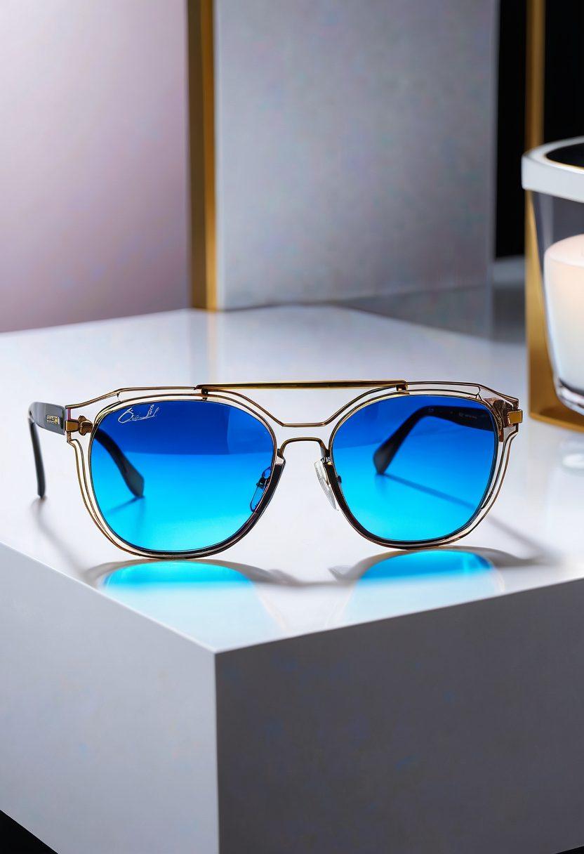 A chic and stylish display of Cazal's luxury eyewear collection showcased on a sleek, modern pedestal against a soft-focus fashion backdrop. The glasses should glisten with elegance, highlighting unique designs and intricate details, while soft light reflects off the lenses. Include subtle hints of fashion elements like a high-end fabric swatch and an elegant necklace nearby. The overall tone should exude sophistication and allure. super-realistic. vibrant colors. soft-focus background.