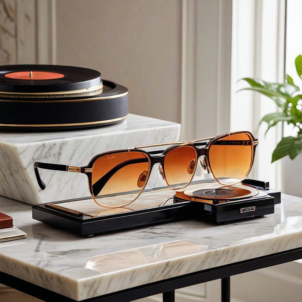 A stylish juxtaposition of Cazal designer frames, showcasing a pair of retro and modern styles side by side on a sleek marble table. The background features a blend of vintage and contemporary design elements, like an old vinyl record player beside a smartphone. Soft, ambient lighting highlights the frames, creating an inviting atmosphere. This composition emphasizes the timeless appeal of eyewear design. super-realistic. vibrant colors. elegant setting.